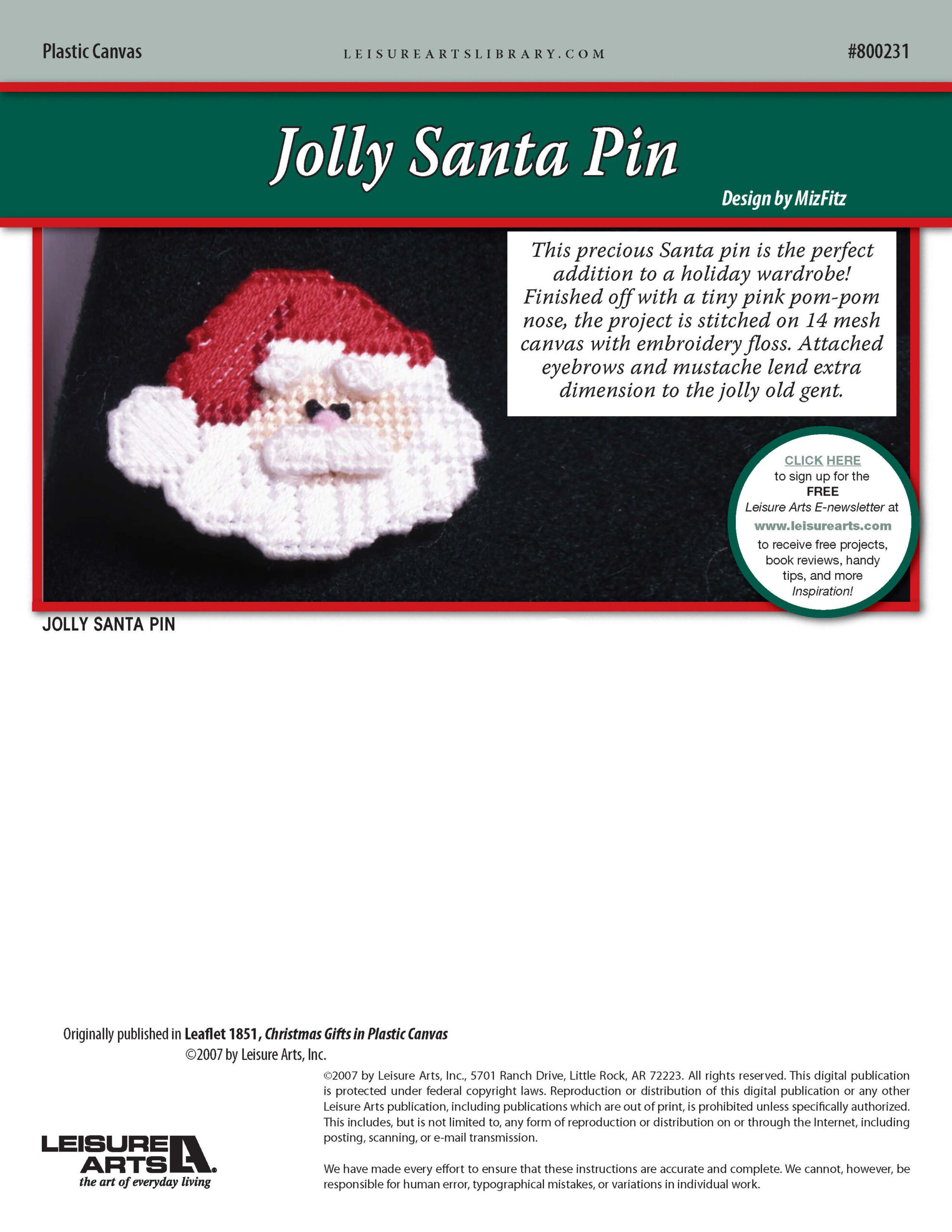 Leisure Arts Christmas Gifts In Plastic Canvas Jolly Santa Pin ePattern