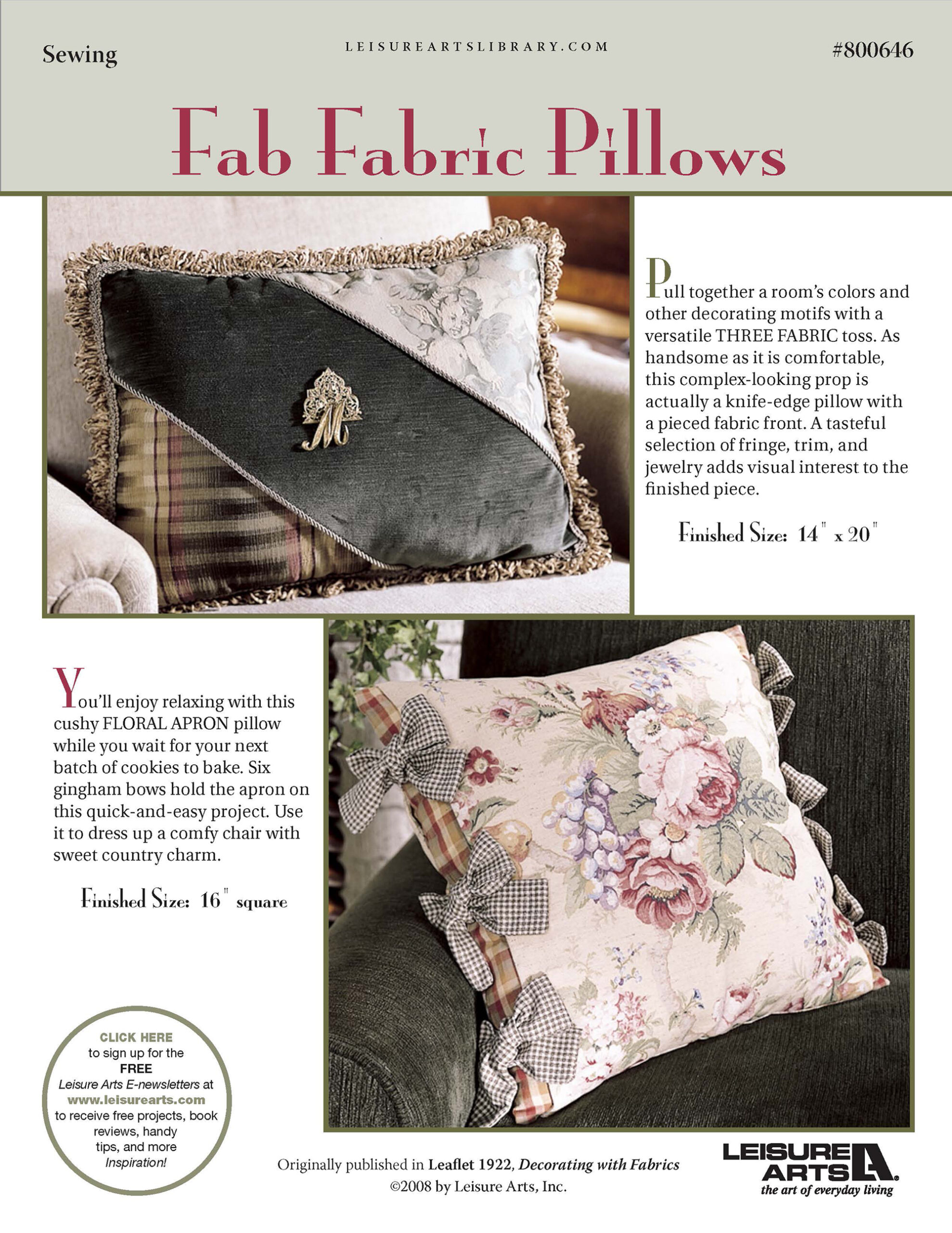 Leisure Arts Decorating With Fabrics Fab Fabric Pillows Sewing ePattern
