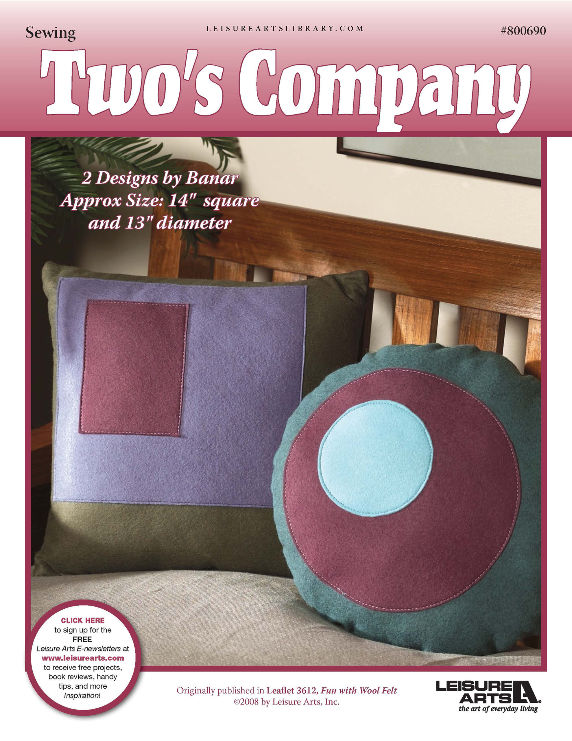 Leisure Arts Fun With Wool Felt Twos Company Pillows Sewing ePattern