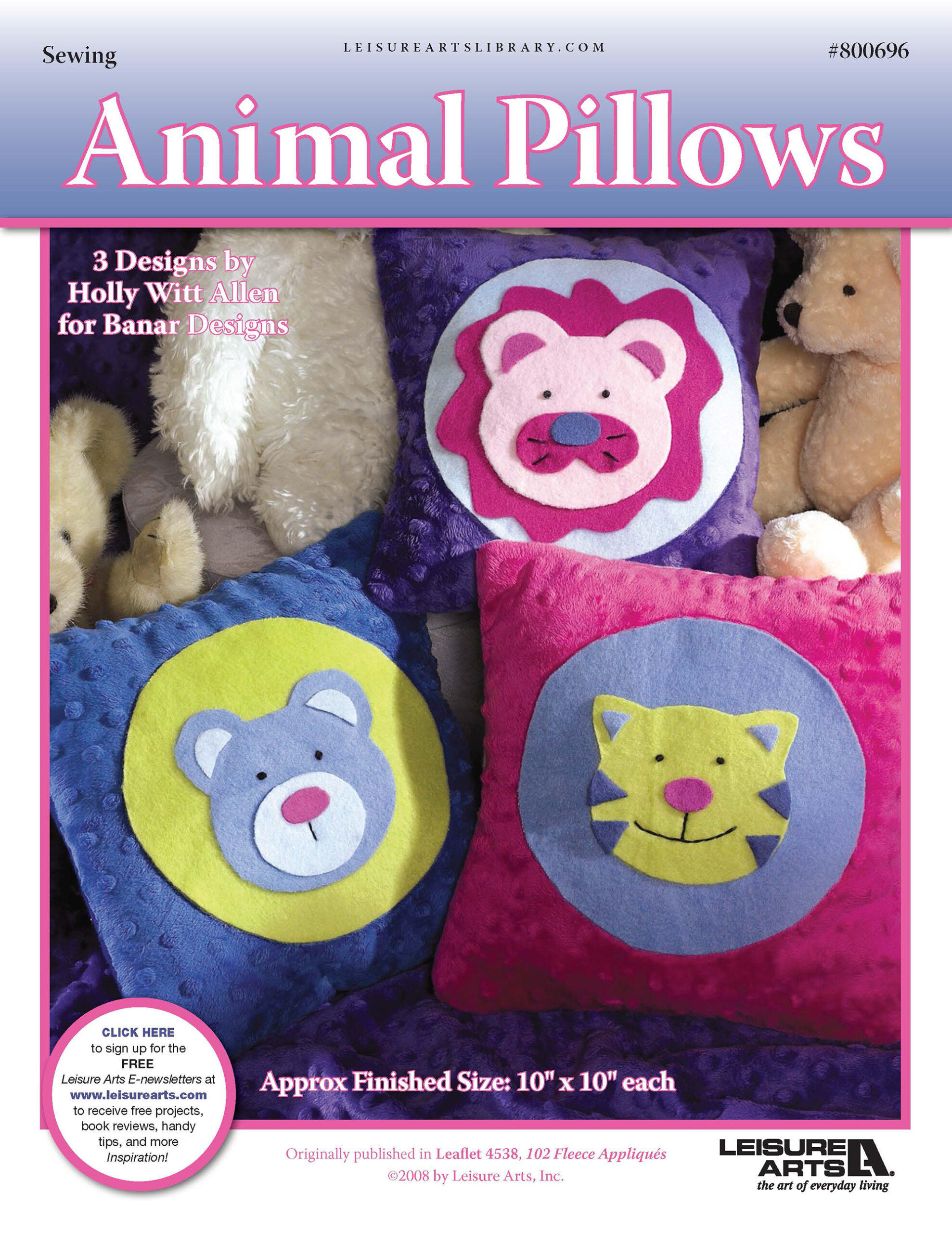 Leisure Arts 102 Fleece AppliquÃƒÂ©s Animal Pillows Sewing ePattern
