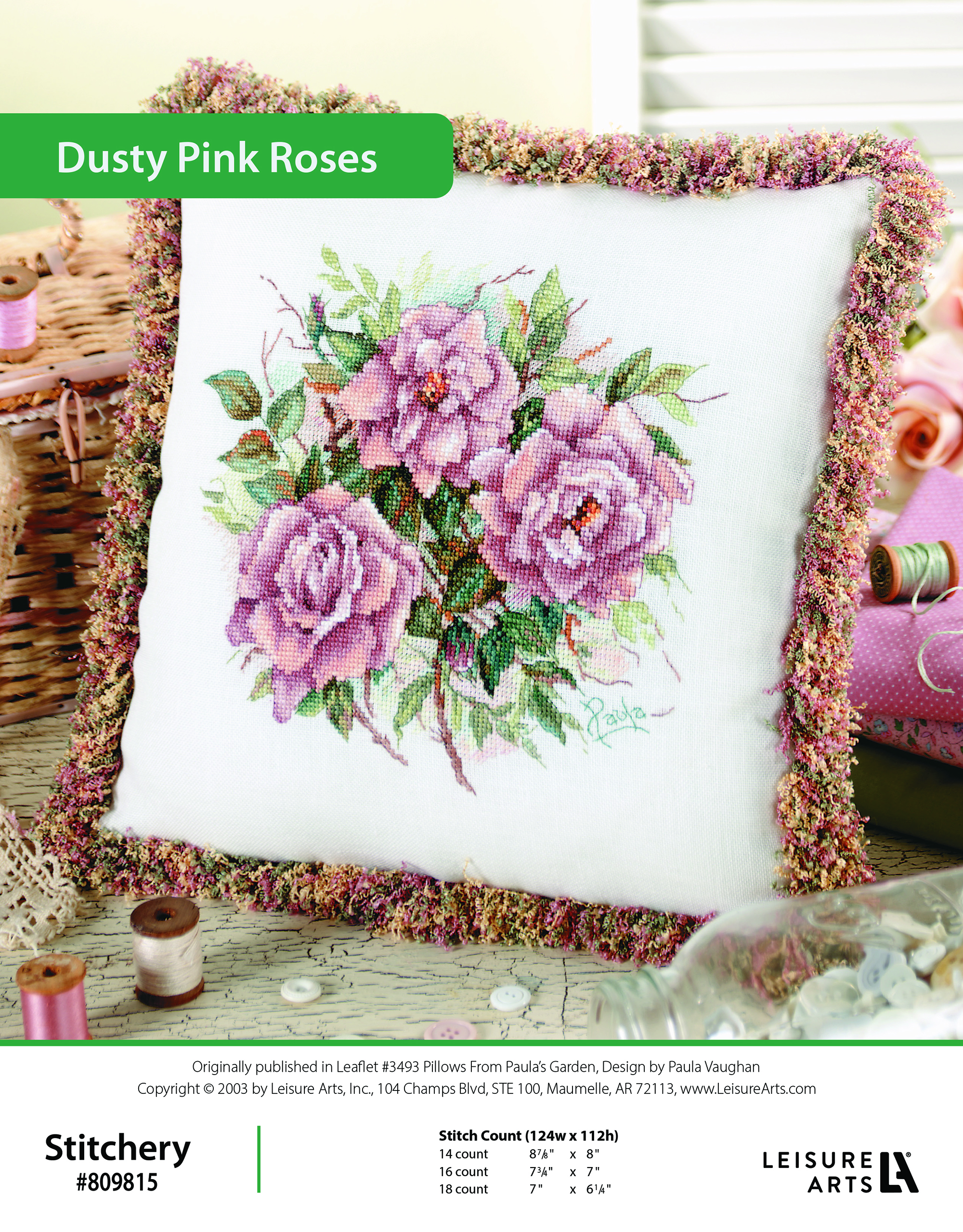 Leisure Arts ePattern Paulas Garden Dusty Pink Roses Pillow