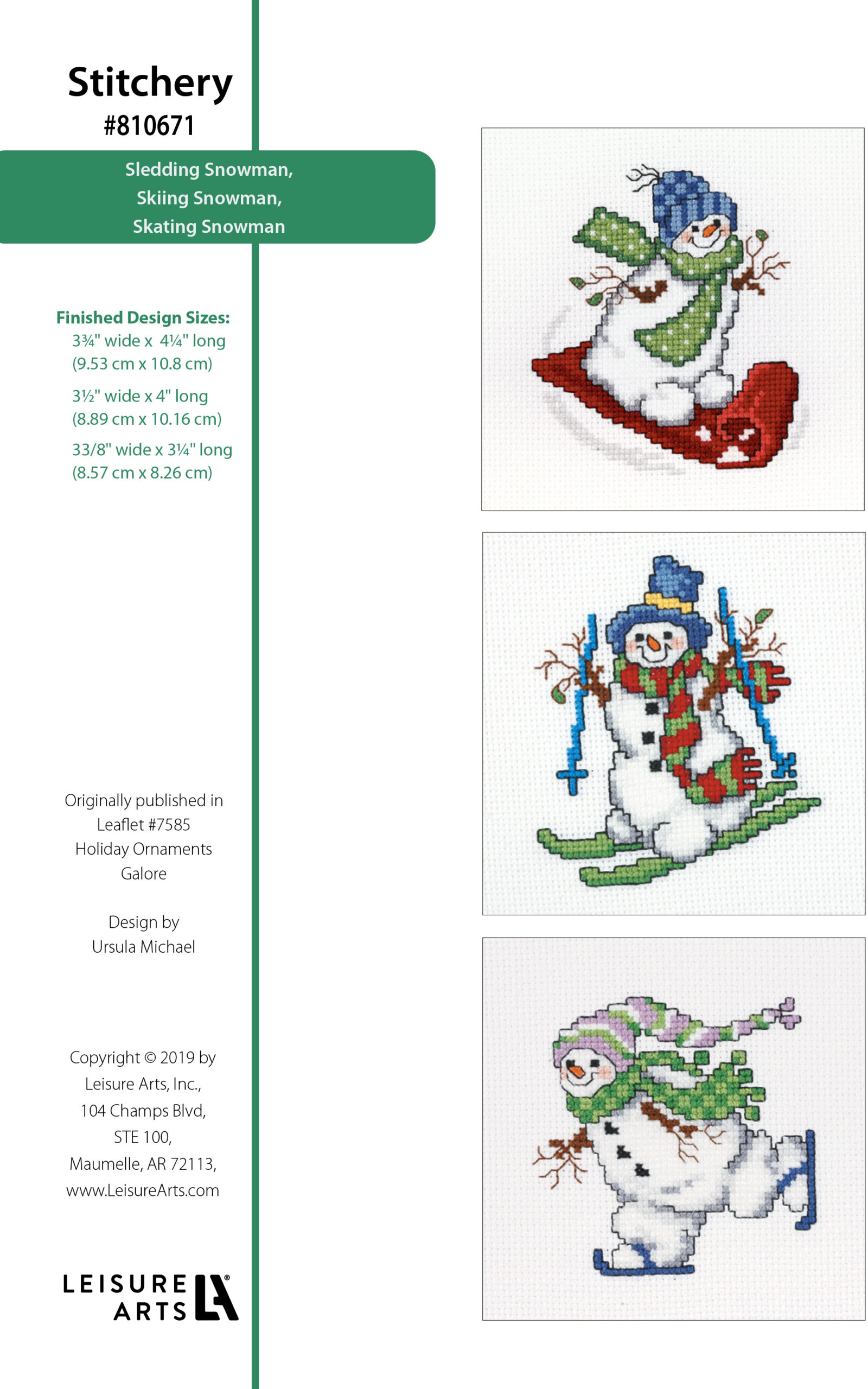 Leisure Arts Holiday Ornaments Galore 3 Snowmen Skiing Sledding Skating Cross Stitch ePattern