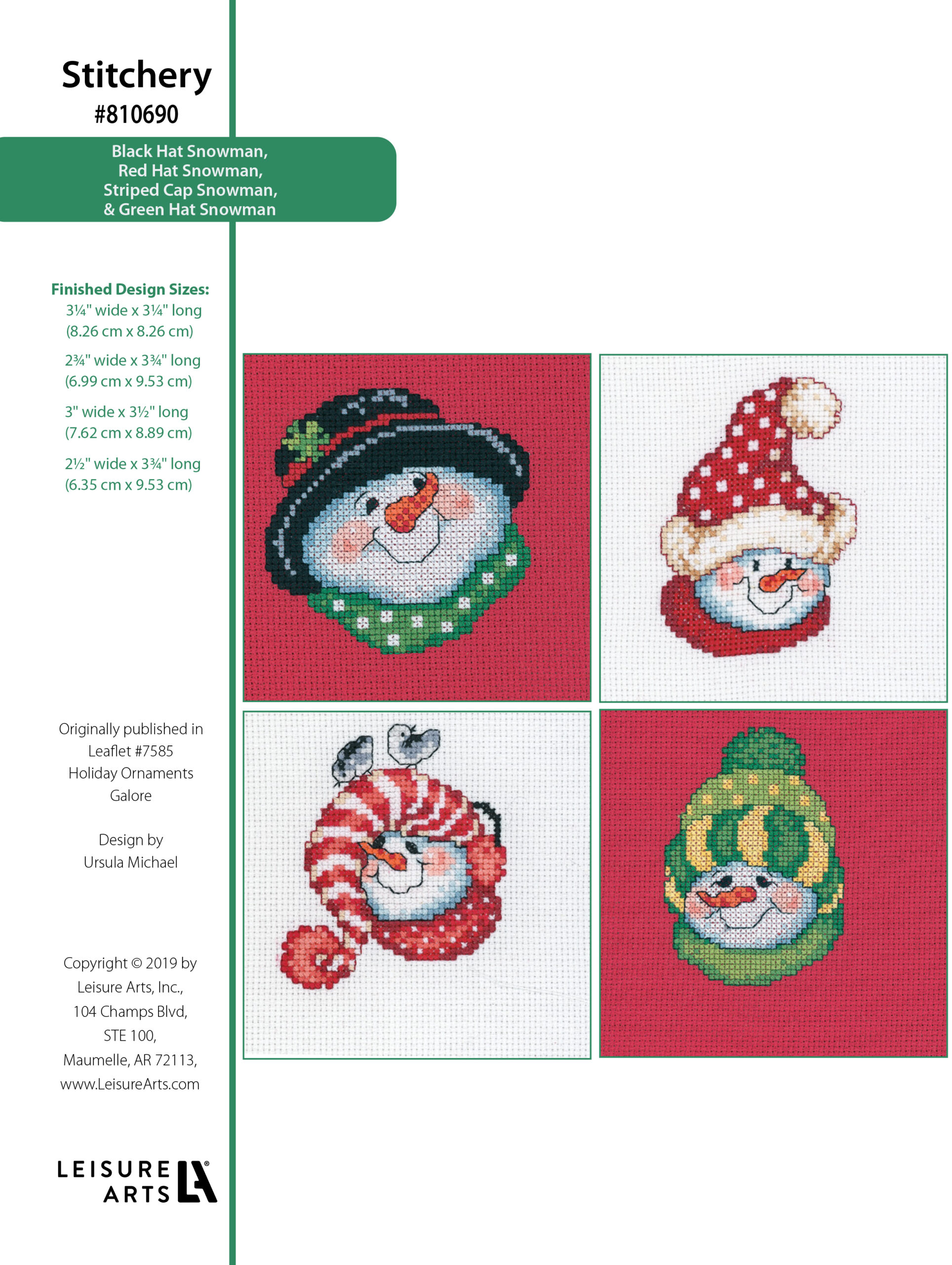 Leisure Arts Holiday Ornaments Galore 4 Snowmen In Hats Cross Stitch ePattern