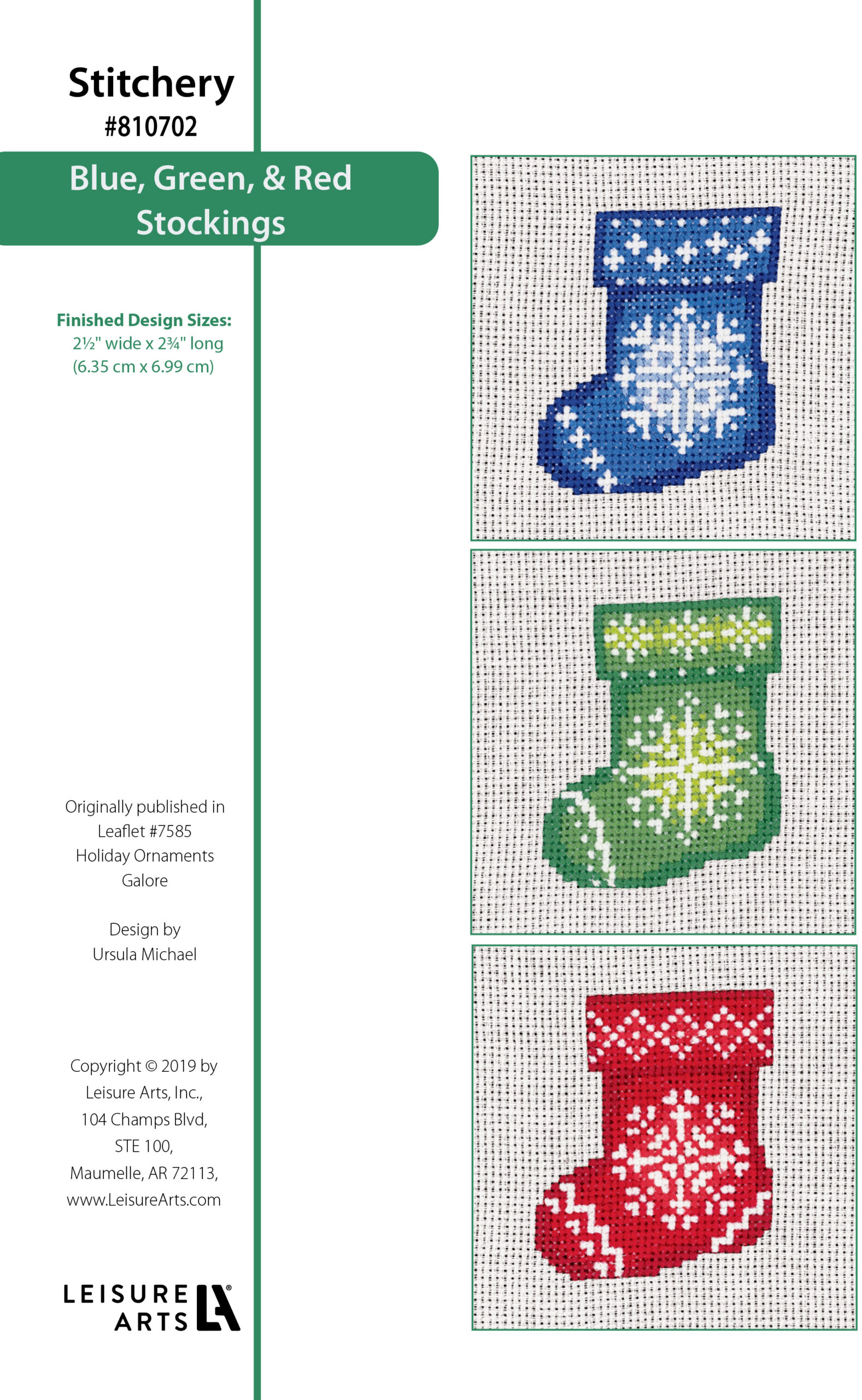 Leisure Arts Holiday Ornaments Galore 3 Snowflake Stockings Red Green Blue Cross Stitch ePattern